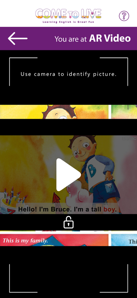 Interface of Come To Live AR app showing an interactive video of a cartoon boy character with English subtitles.