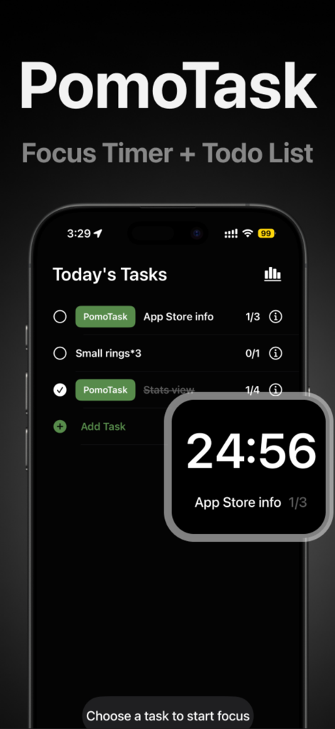 Todo List & Pomodoro: PomoTask - PomoTask App-Oberfläche mit täglicher Aufgabenliste und einem Pomodoro-Countdown-Timer auf einem dunklen, minimalistischen Hintergrund