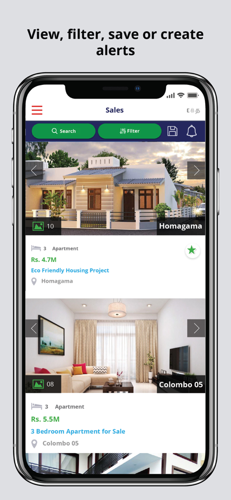 LankaPropertyWeb Property App - LankaPropertyWeb mobile app showing property listings for sale in Sri Lanka