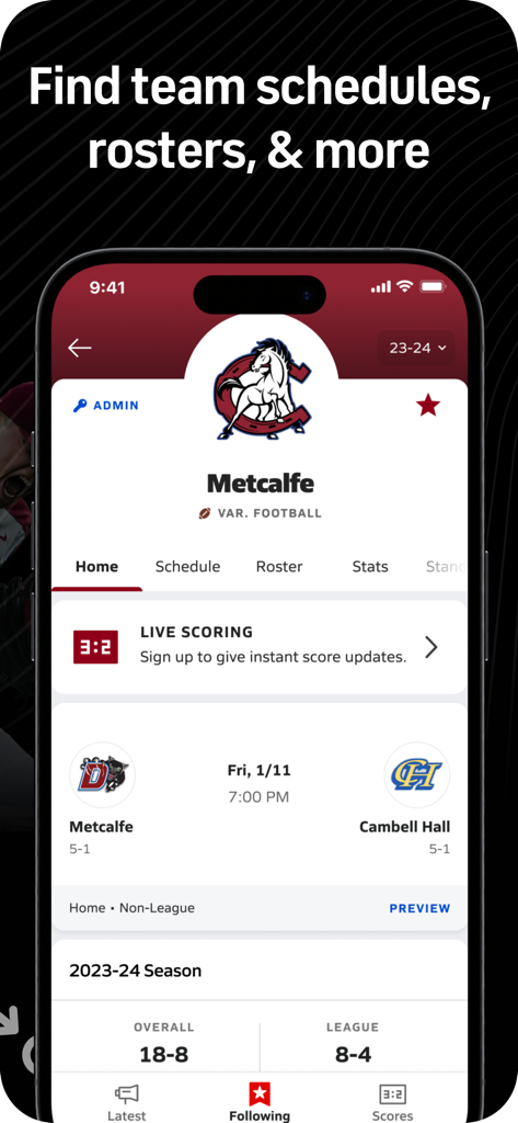 MaxPreps: High School Sports - MaxPrepsアプリのインターフェース。高校フットボールチームのスケジュールとロスターを表示。