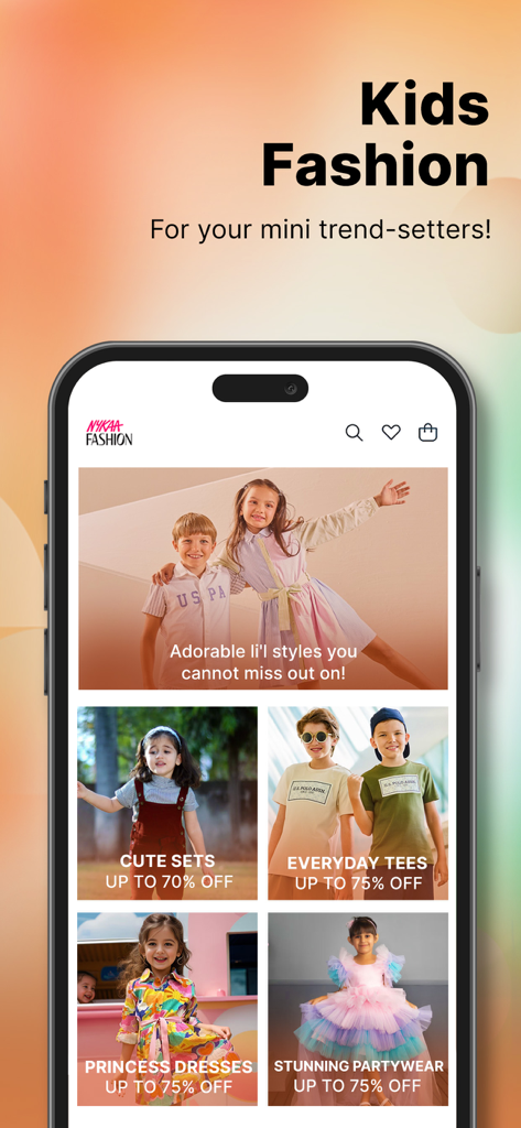 Nykaa Fashion - Shopping App - Pantalla de la aplicación Nykaa Fashion para ropa de niños que presenta vestidos y conjuntos