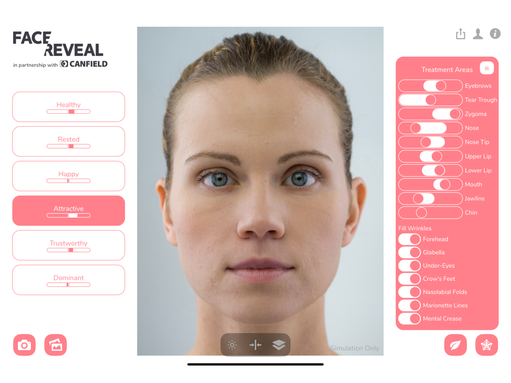 iPad interface of Face Reveal app showing AI facial analysis and aesthetic treatment simulation sliders
