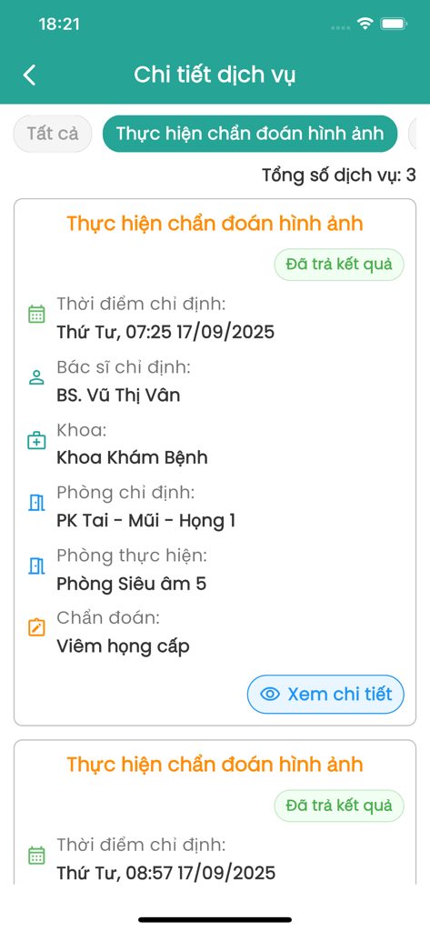 Bệnh viện Đa Khoa Ba Vì - Mobile app screen showing diagnostic imaging results and medical service details from Ba Vi General Hospital.
