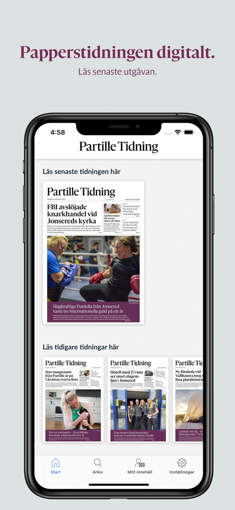 Oberfläche der Partille Tidning e-tidning App, die die neuesten und vergangenen Zeitungsauflagen anzeigt