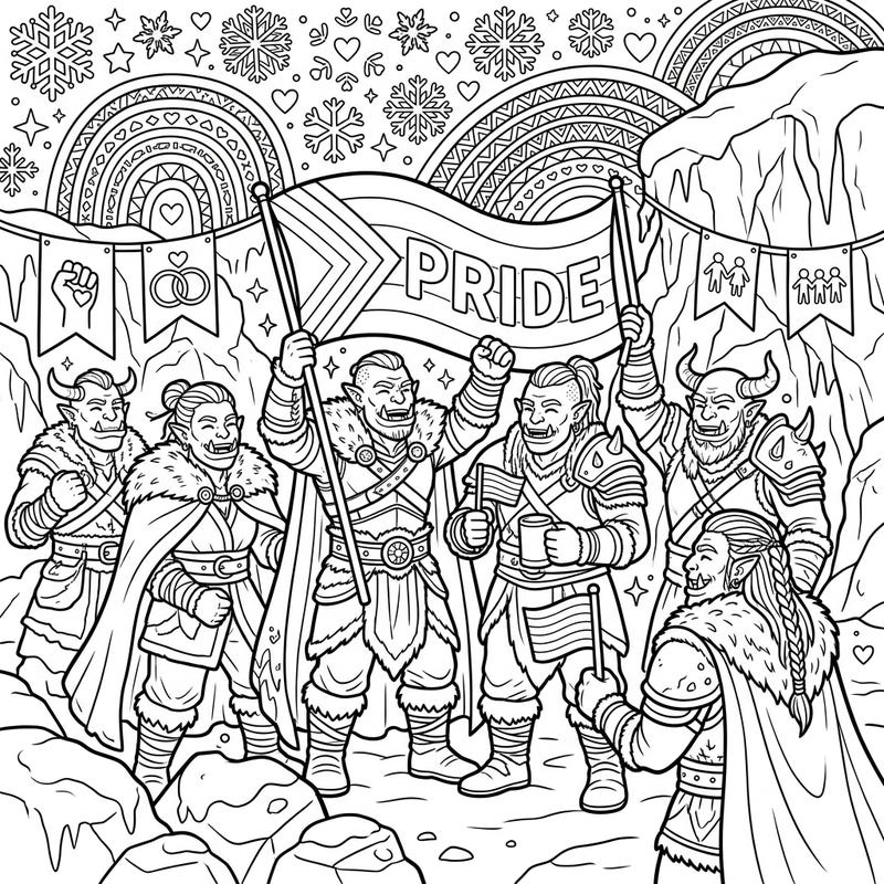 Unleash your creativity with this vibrant coloring page featuring Frost Orcs celebrating Pride Month in a stunning icy landscape. It's a perfect blend of fantasy, festivity, and a powerful message of inclusion.