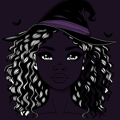 realistic black girl with wavy hair and witch hat and nose and lips