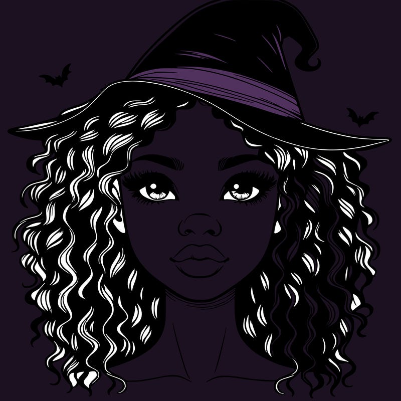 realistic black girl with wavy hair and witch hat and nose and lips