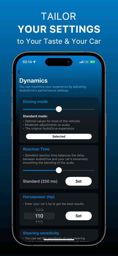 AudioDrive: Drive & Make Music - Interfaz de la aplicación AudioDrive para personalizar el modo de conducción y la configuración del rendimiento del coche, como la potencia y el tiempo de reacción.