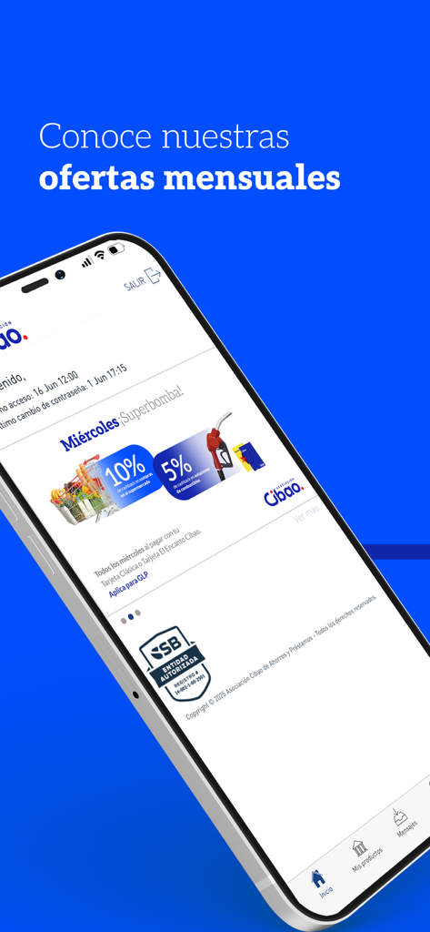 Schermata dell'app Movil Banking Cibao che mostra le offerte mensili di cashback per generi alimentari e carburante.