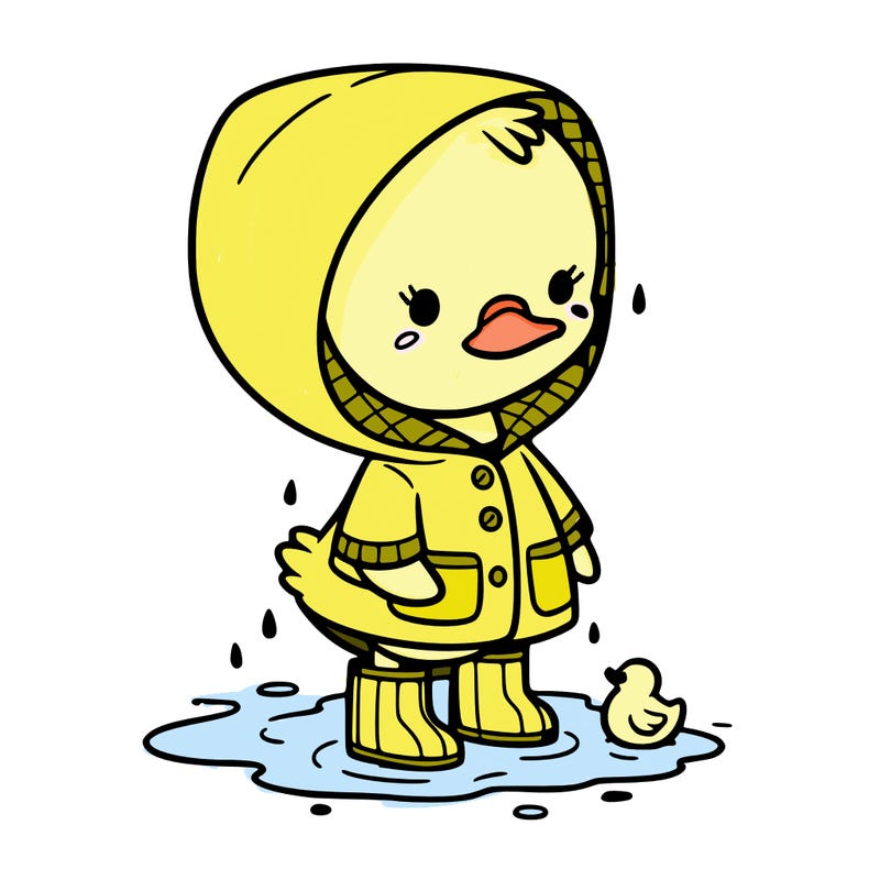 baby duck in a rain coat and boots, in a puddle while it’s raining