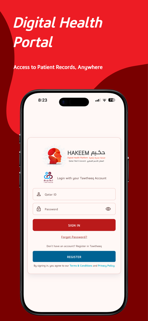 Página de login do aplicativo móvel Hakeem Digital Health Portal
