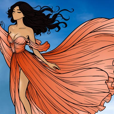 realistic woman in dress flowing the the wind