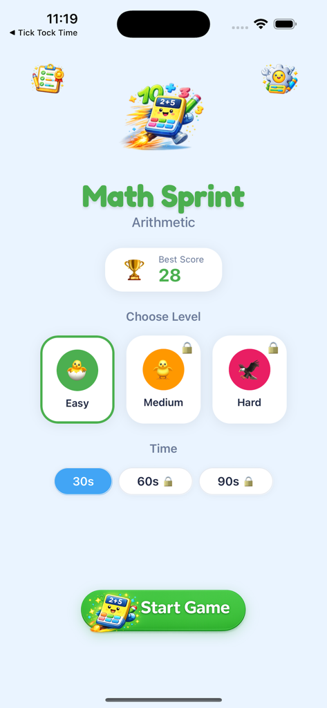 Math Sprint Arithmetic - Main menu screen of the Math Sprint Arithmetic app for kids featuring difficulty levels and time selection