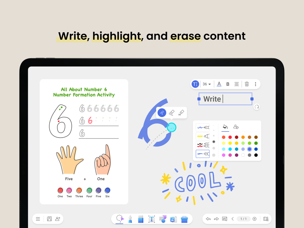 EZWrite 6 - Interfaz de pizarra digital EZWrite 6 en iPad mostrando herramientas de escritura y actividades educativas