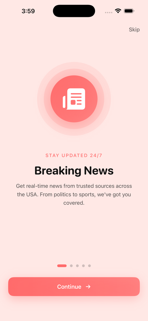US Breaking News Alerts - Onboarding screen for the US Breaking News Alerts app featuring a news icon and description of real-time national updates.
