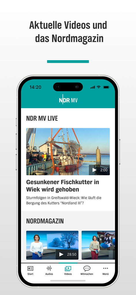 NDR Mecklenburg-Vorpommern - NDR Mecklenburg-Vorpommern app interface showing news videos and Nordmagazin segments