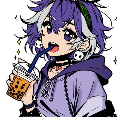 hot baddie anime girl drinking boba and biting the straw