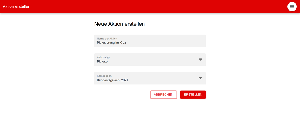 Aktivisti - A mobile interface for creating a new community action in the Aktivisti app showing fields for action name type and campaign
