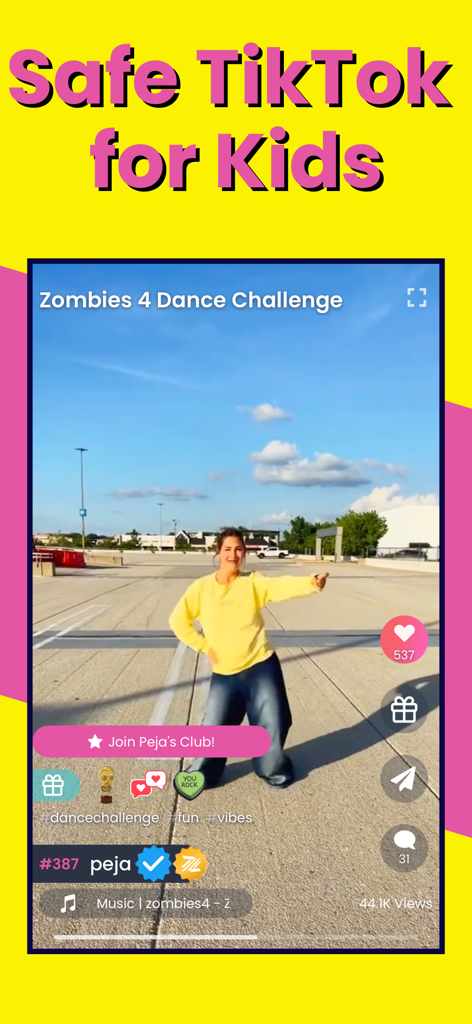 Zigazoo app screenshot showing a girl participating in a dance challenge with the text Safe TikTok for Kids