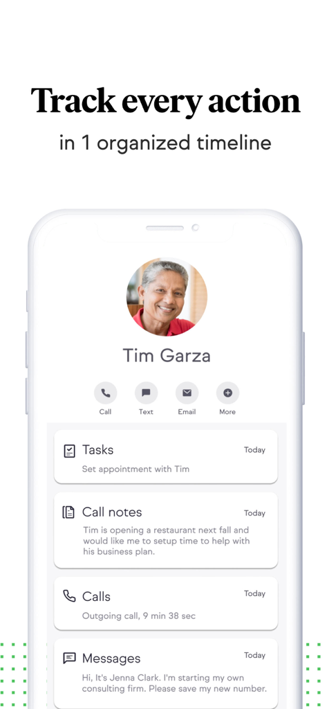 Interface do aplicativo Keap Mobile mostrando um perfil de contato com uma linha do tempo organizada de tarefas, anotações de chamadas e mensagens.