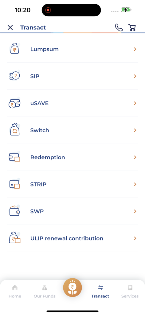 UTI Mutual Fund Invest online - The transaction screen of the UTI Mutual Fund app displaying investment choices like Lumpsum and SIP