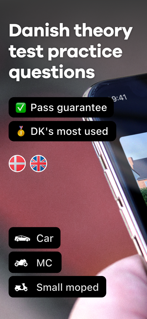 Danish theory test practice app showing car motorcycle and moped categories with a pass guarantee