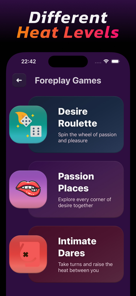 Sex Positions Game :TwoJoy - TwoJoyアプリのフォープレイゲームメニュー。Desire RouletteやPassion Placesなどのオプションが特徴です。