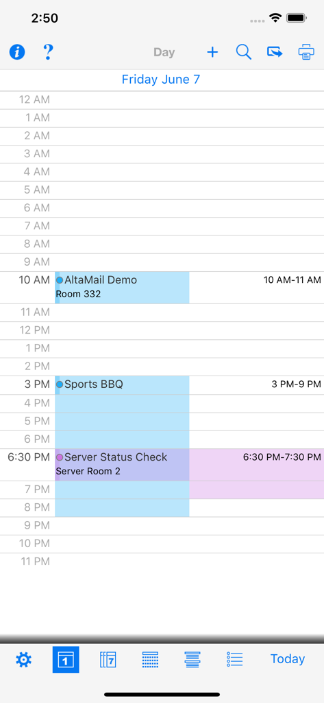 Daily calendar schedule view on the CalPrint iPhone app showing appointments like meetings and a BBQ.
