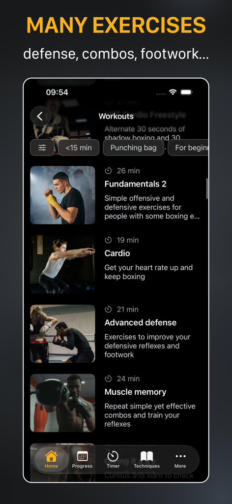A mobile app screen showing a list of shadow boxing workouts including fundamentals and cardio.