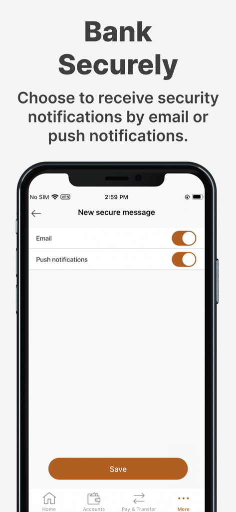 Alterna Savings Mobile Banking - Settings screen in the Alterna Savings mobile banking app for managing email and push security notifications