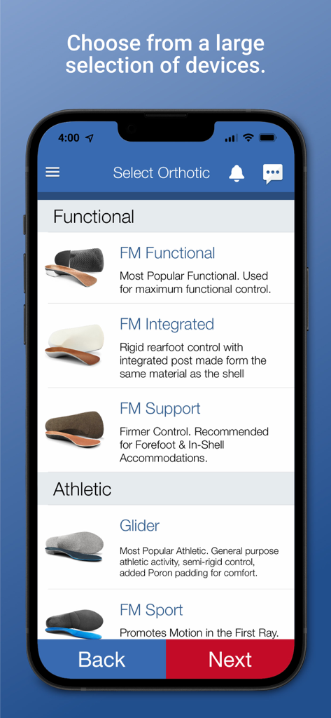 Forward Motion Medical - Screen from the Forward Motion Medical app showing a selection of functional and athletic orthotic insoles for medical practitioners.