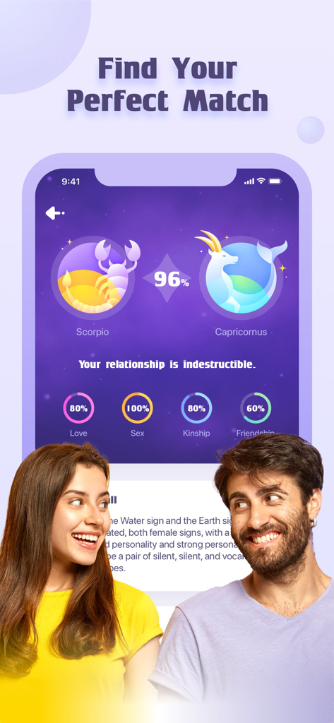 Astrology compatibility screen showing a high match score between two zodiac signs