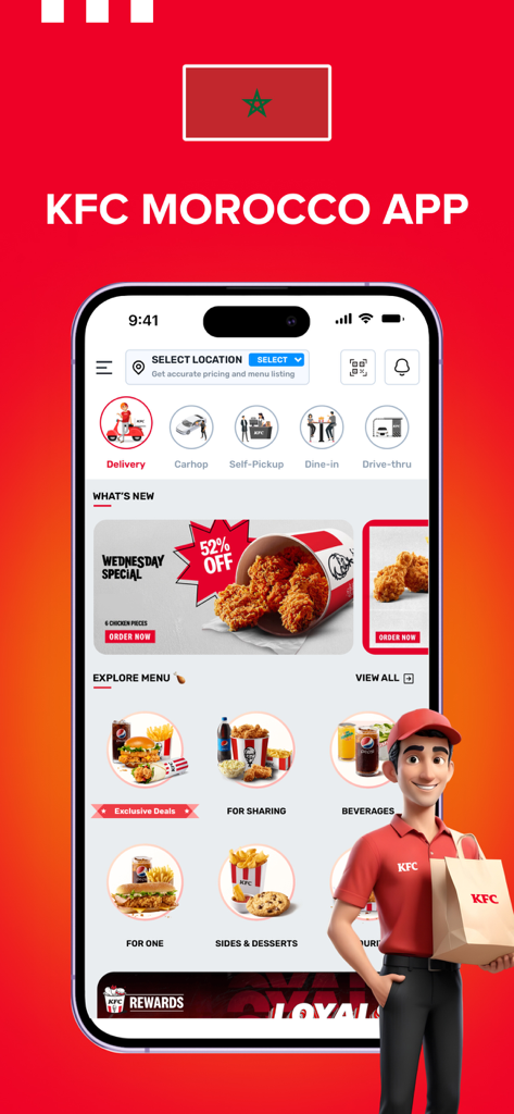 KFC Morocco | KFC Maroc - Interface de l'application mobile KFC Maroc montrant les catégories de menu et les offres spéciales