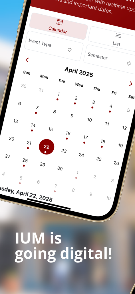 Interfaz del calendario académico de la aplicación móvil IUM que muestra el horario de abril de 2025