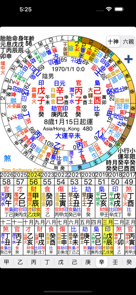 八字 - Technical interface of the Bazi app showing a circular astrological diagram and fortune grids in Traditional Chinese.