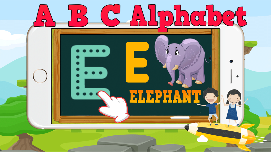 Interface de l'application d'écriture de 1re année montrant le tracé de l'alphabet pour la lettre E avec une illustration d'éléphant