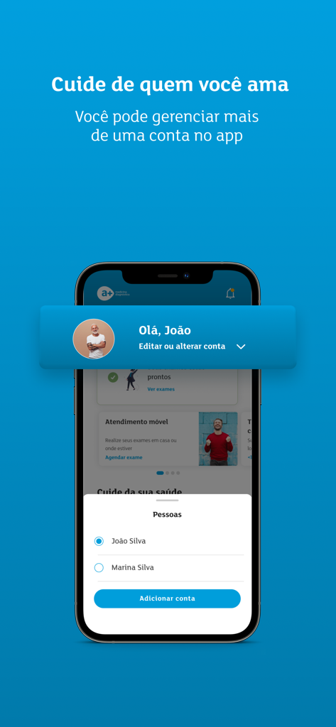 a+ - Interface of the a+ app showing the option to switch between and manage multiple family member accounts