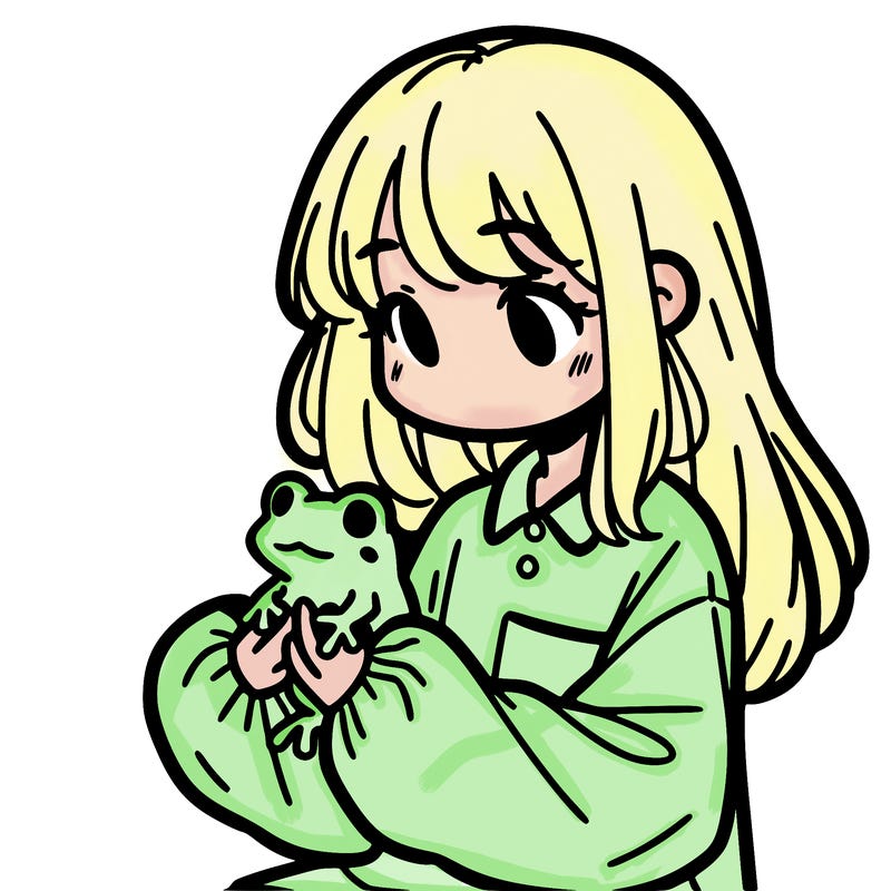girl with long hair and a oversized shirt. and she is holding a frog