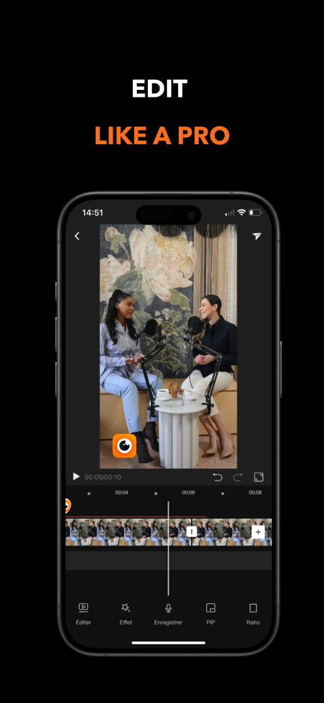 BeNarative - BeNarative video editing interface showing a podcast being edited on a smartphone