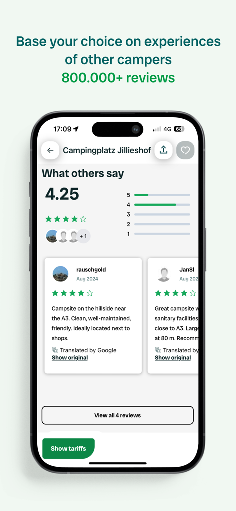 Campercontact - Camper Van - Avis et notes de camping affichés sur l'interface de l'application Campercontact