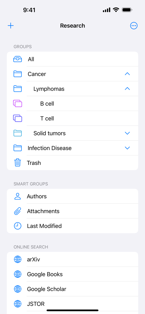 Bookends - Interfaz de la aplicación Bookends mostrando grupos de investigación organizados para temas médicos e integraciones de búsqueda en línea.