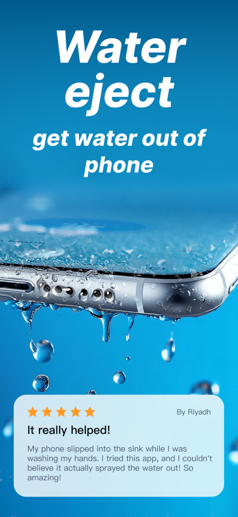 Un smartphone con agua goteando de los altavoces y una reseña de usuario elogiando la aplicación de expulsión de agua