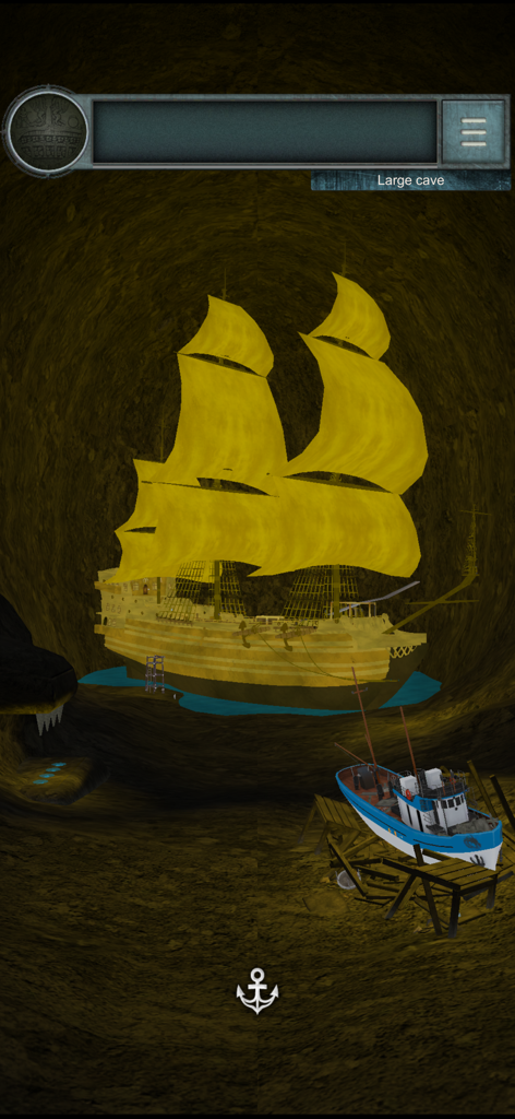 Un gran barco de vela dorado y un barco de pesca más pequeño dentro de una cueva oscura