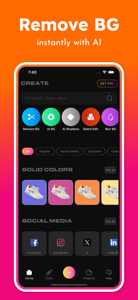 Mobile app interface showing AI background removal tools and solid color background options for product photos.