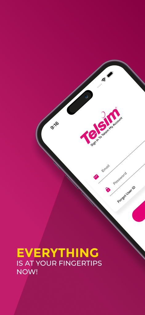 My Telsim - Login page for My Telsim app showing email and password fields on a mobile device.