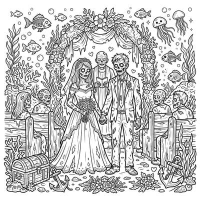 Immerse yourself in an extraordinary celebration with our Underwater Zombie Wedding coloring page. This unique design merges spooky charm with romantic aquatic details, offering a truly unforgettable coloring experience.