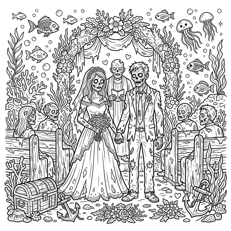 Immerse yourself in an extraordinary celebration with our Underwater Zombie Wedding coloring page. This unique design merges spooky charm with romantic aquatic details, offering a truly unforgettable coloring experience.