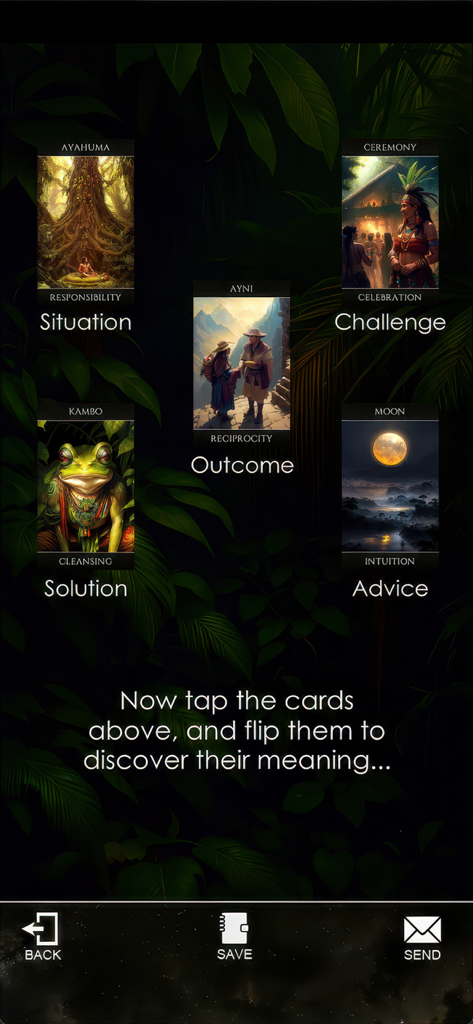 Shamanic Oracle Cards - Ein Fünf-Karten-Layout für schamanische Orakel-Readings, das Karten für Situation, Herausforderung, Ergebnis, Lösung und Ratschlag auf einem Dschungelhintergrund zeigt.