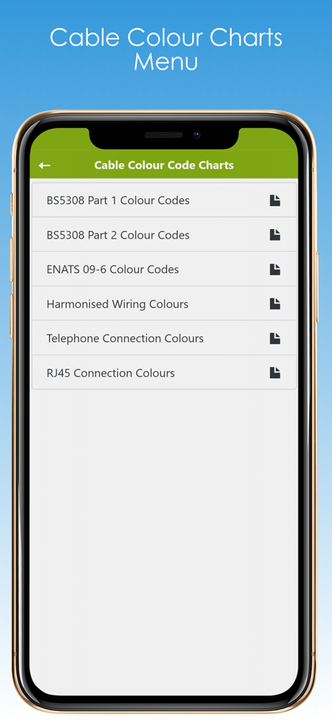 配線および接続規格をリストするケーブルカラーコードチャートメニューのスナップショット。