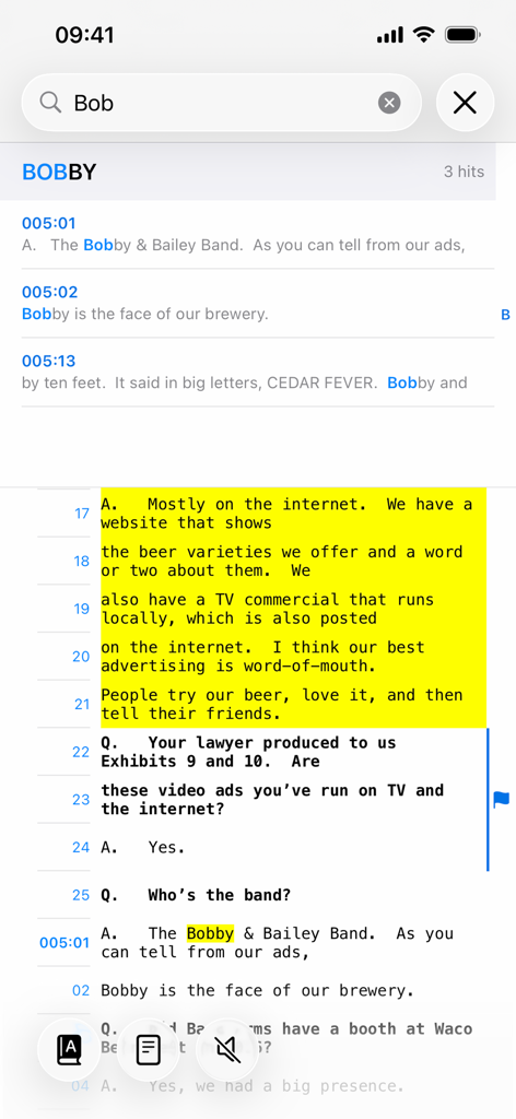 TranscriptPad - Review Depos - Keyword search and text highlighting in the TranscriptPad app on iPhone